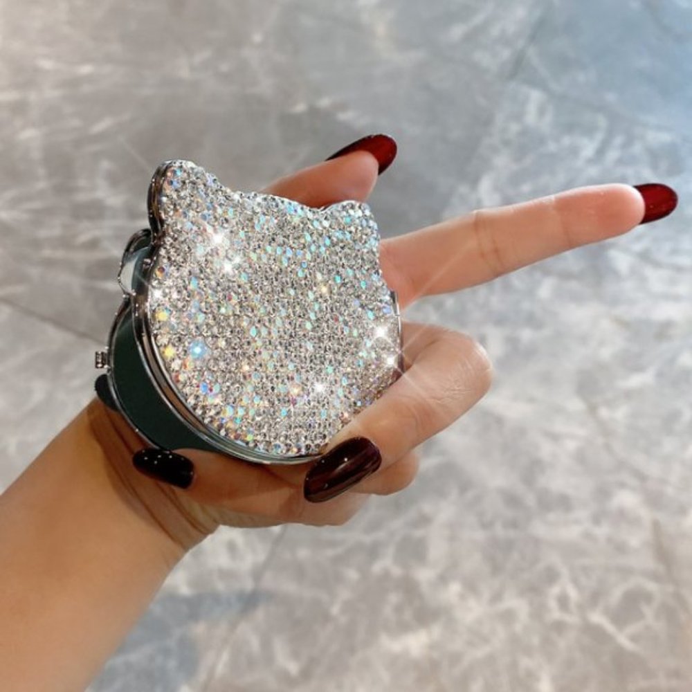 NWT Sparkling Bling Swarovski Crystal Rhinestone Cat Shape Compact Mirro… - Picture 3 of 5